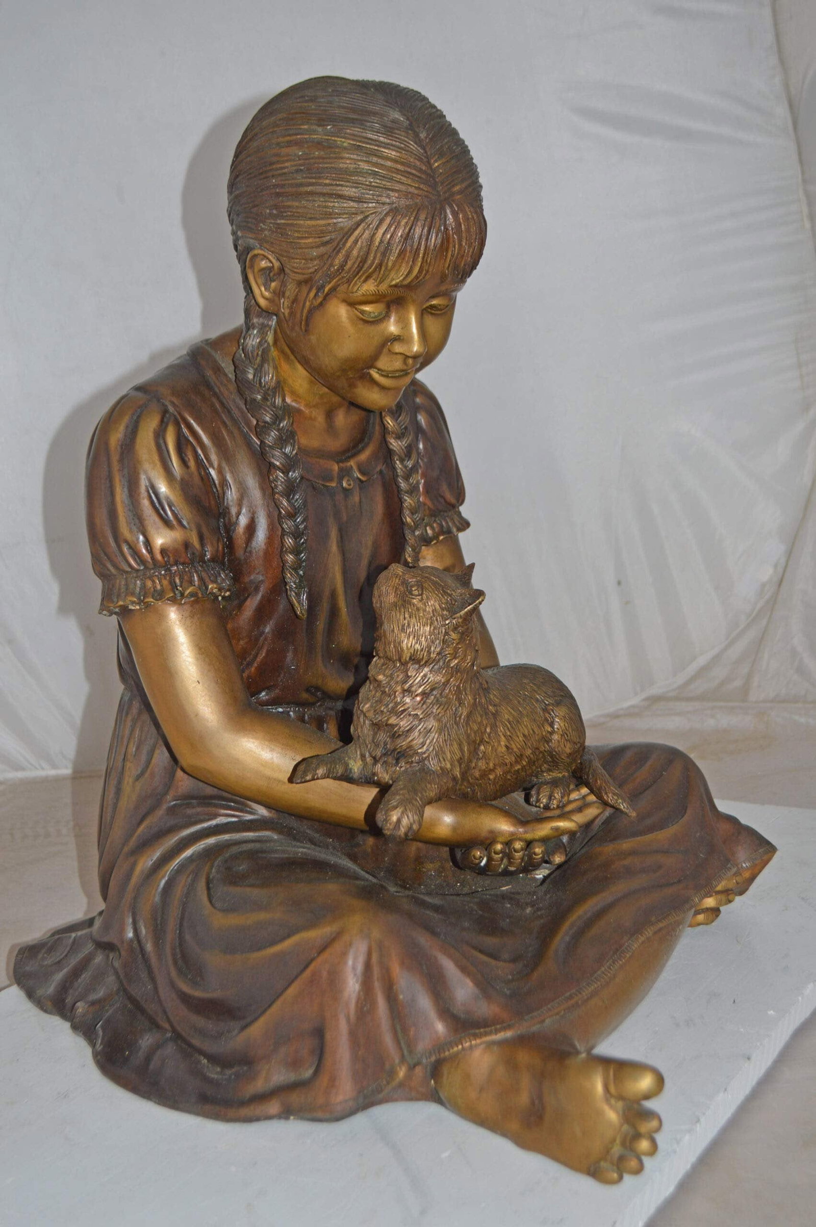 Girl Holding Her Cat Life Size Bronze Statue - Size: 23"L x 20"W x 24"H. - 6