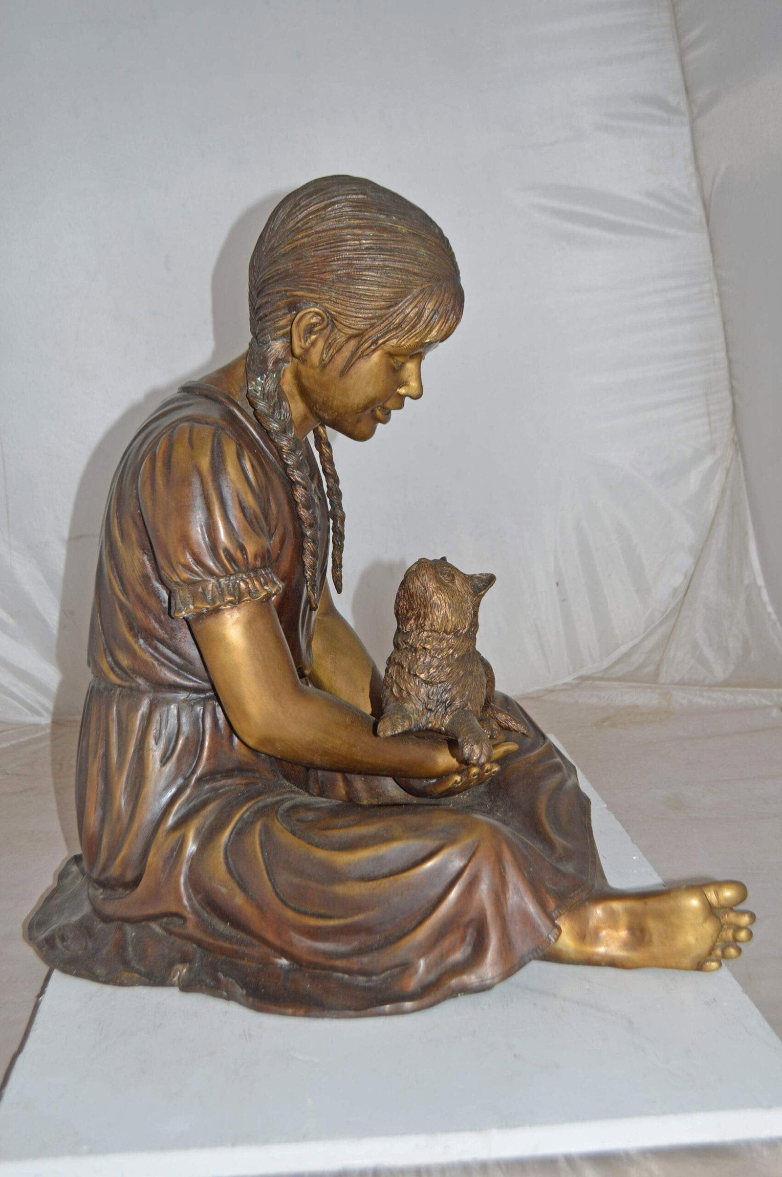 Girl Holding Her Cat Life Size Bronze Statue - Size: 23"L x 20"W x 24"H. - 7