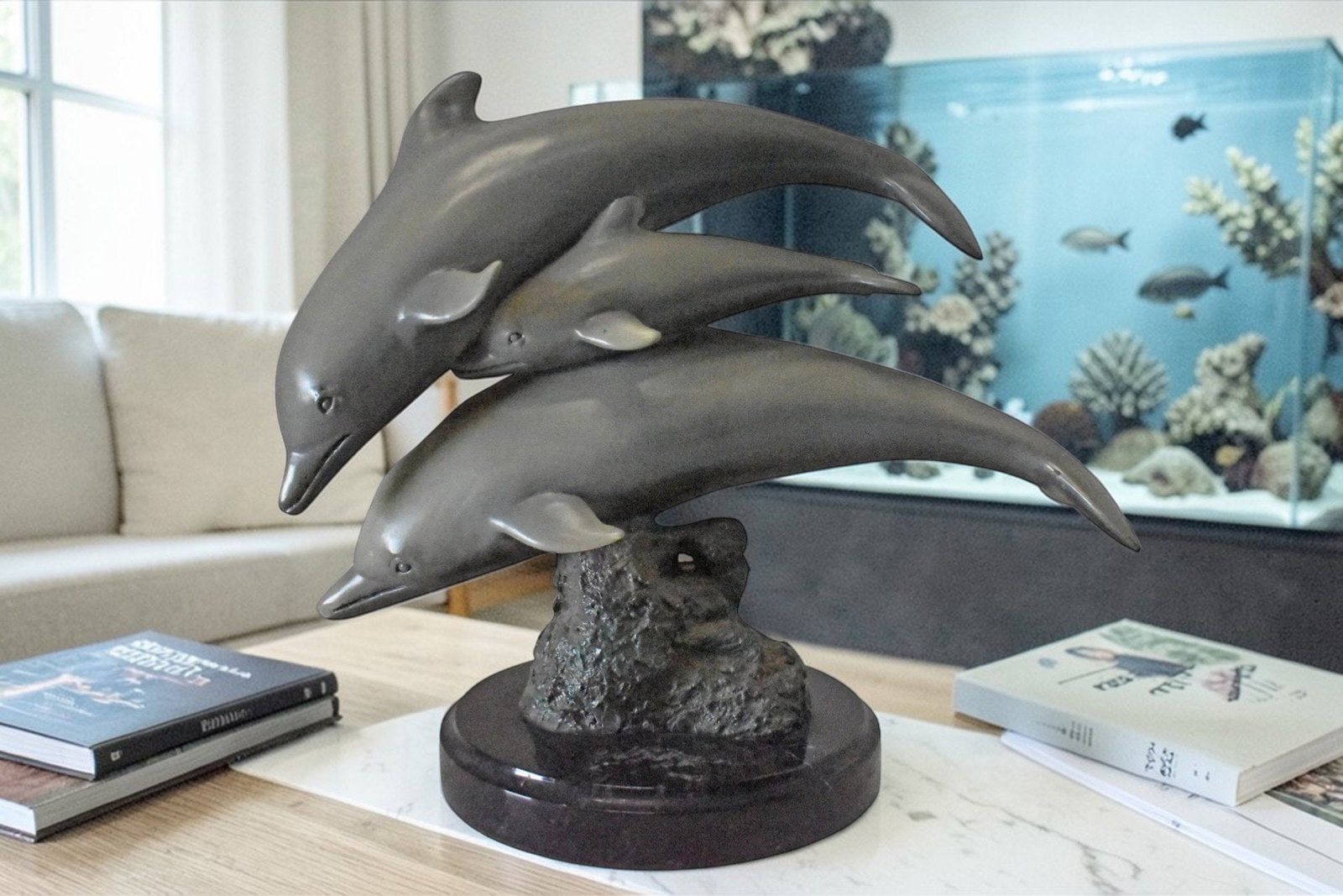 Three Grey Dolphins Swimming Bronze Statue on Marble - Size: 16"L x 9"W x 13"H. - 2