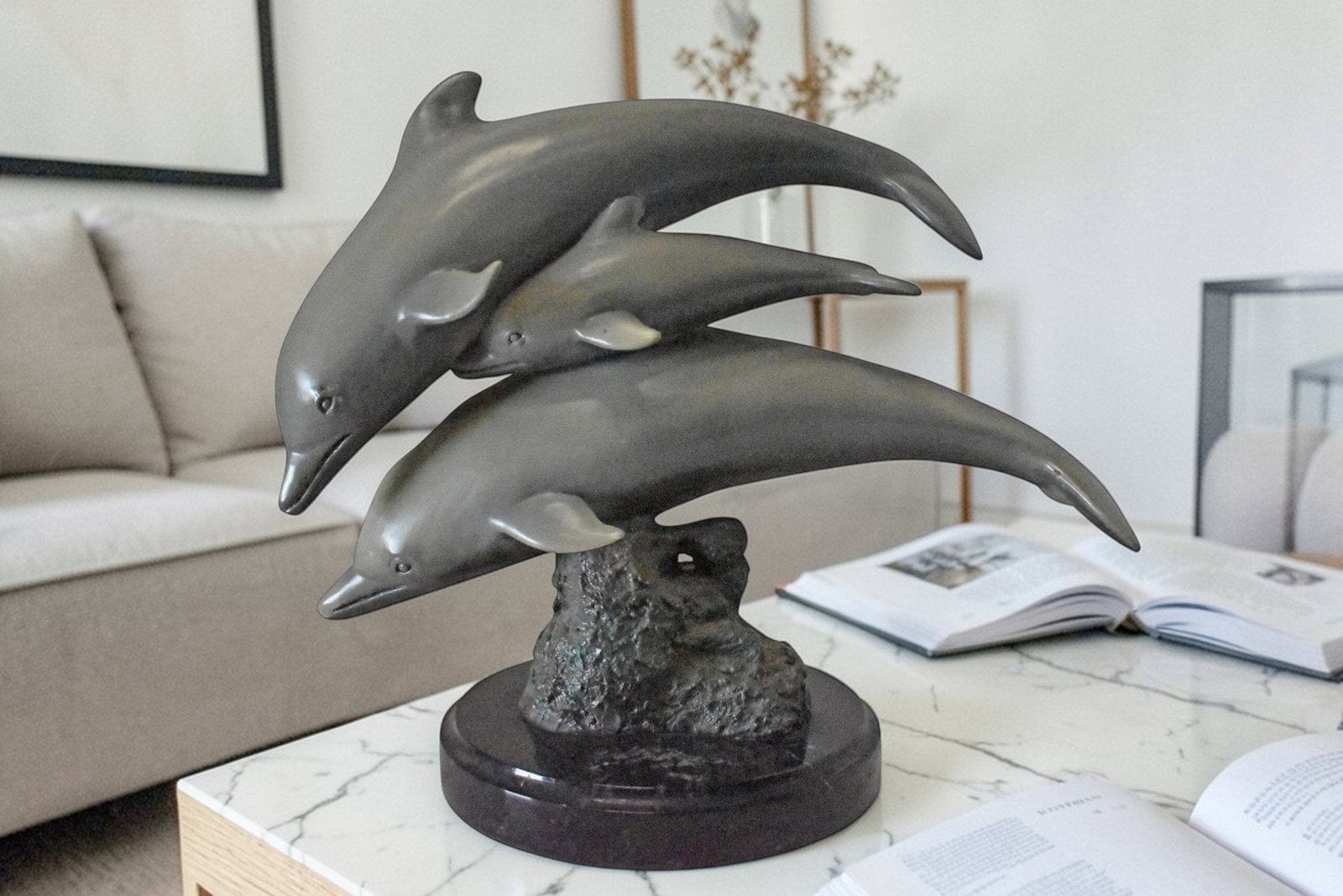 Three Grey Dolphins Swimming Bronze Statue on Marble - Size: 16"L x 9"W x 13"H. - 3