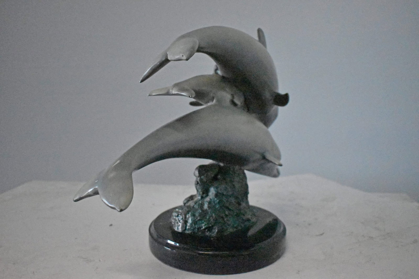 Three Grey Dolphins Swimming Bronze Statue on Marble - Size: 16"L x 9"W x 13"H. - 4