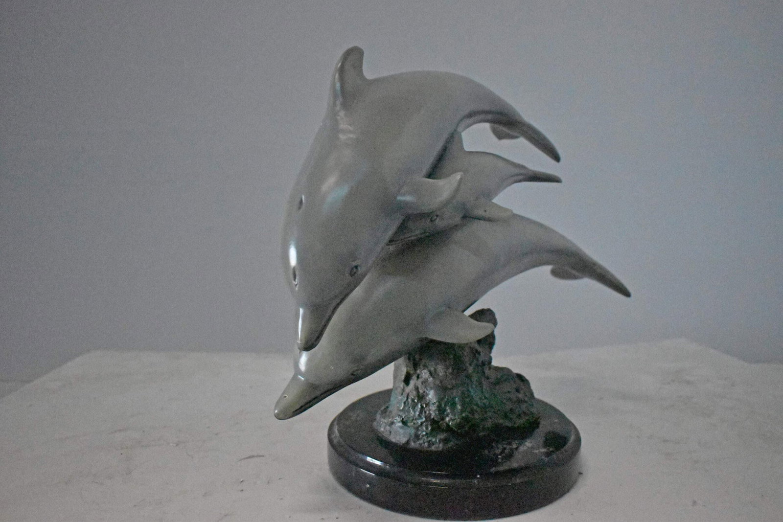 Three Grey Dolphins Swimming Bronze Statue on Marble - Size: 16"L x 9"W x 13"H. - 5