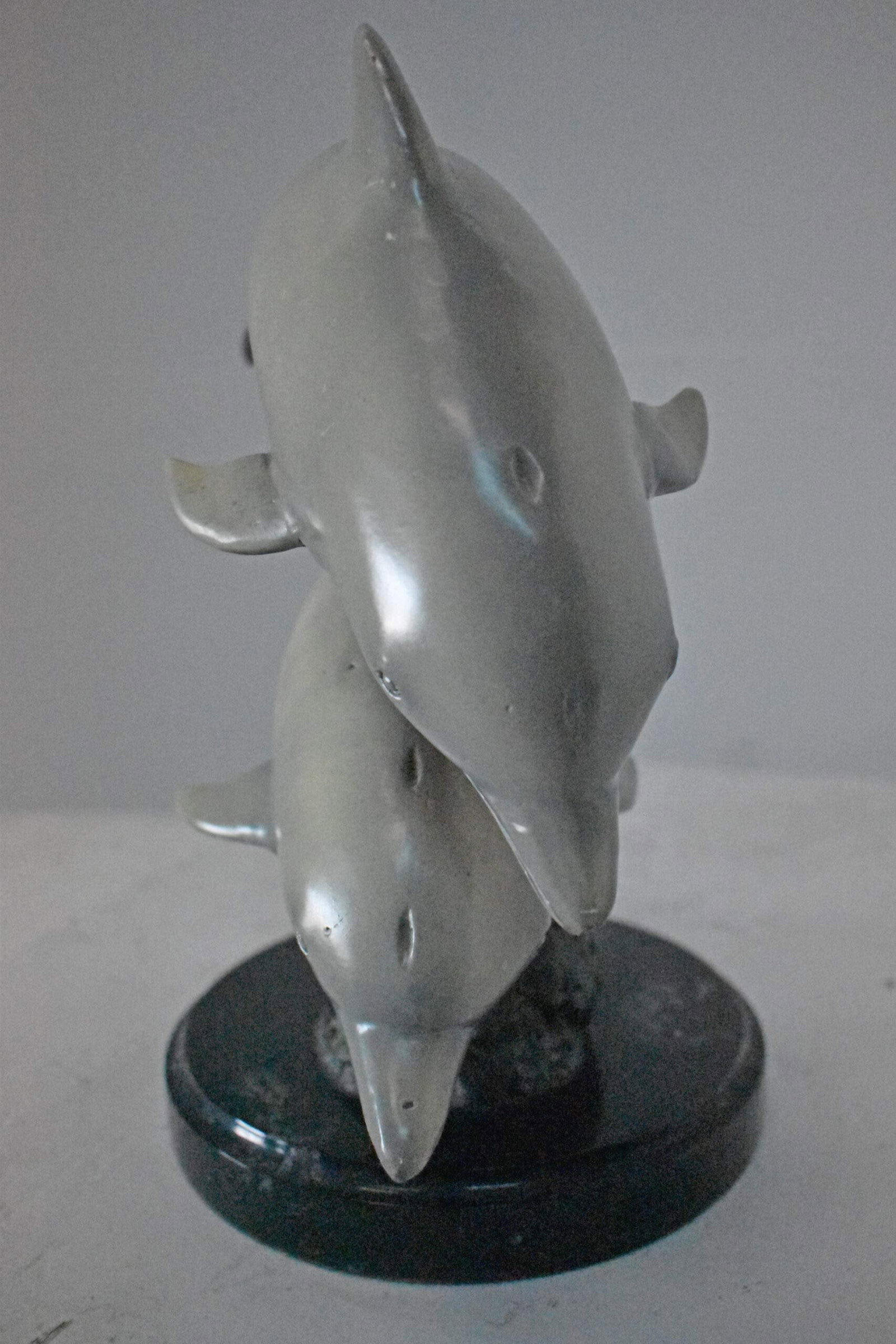 Three Grey Dolphins Swimming Bronze Statue on Marble - Size: 16"L x 9"W x 13"H. - 6