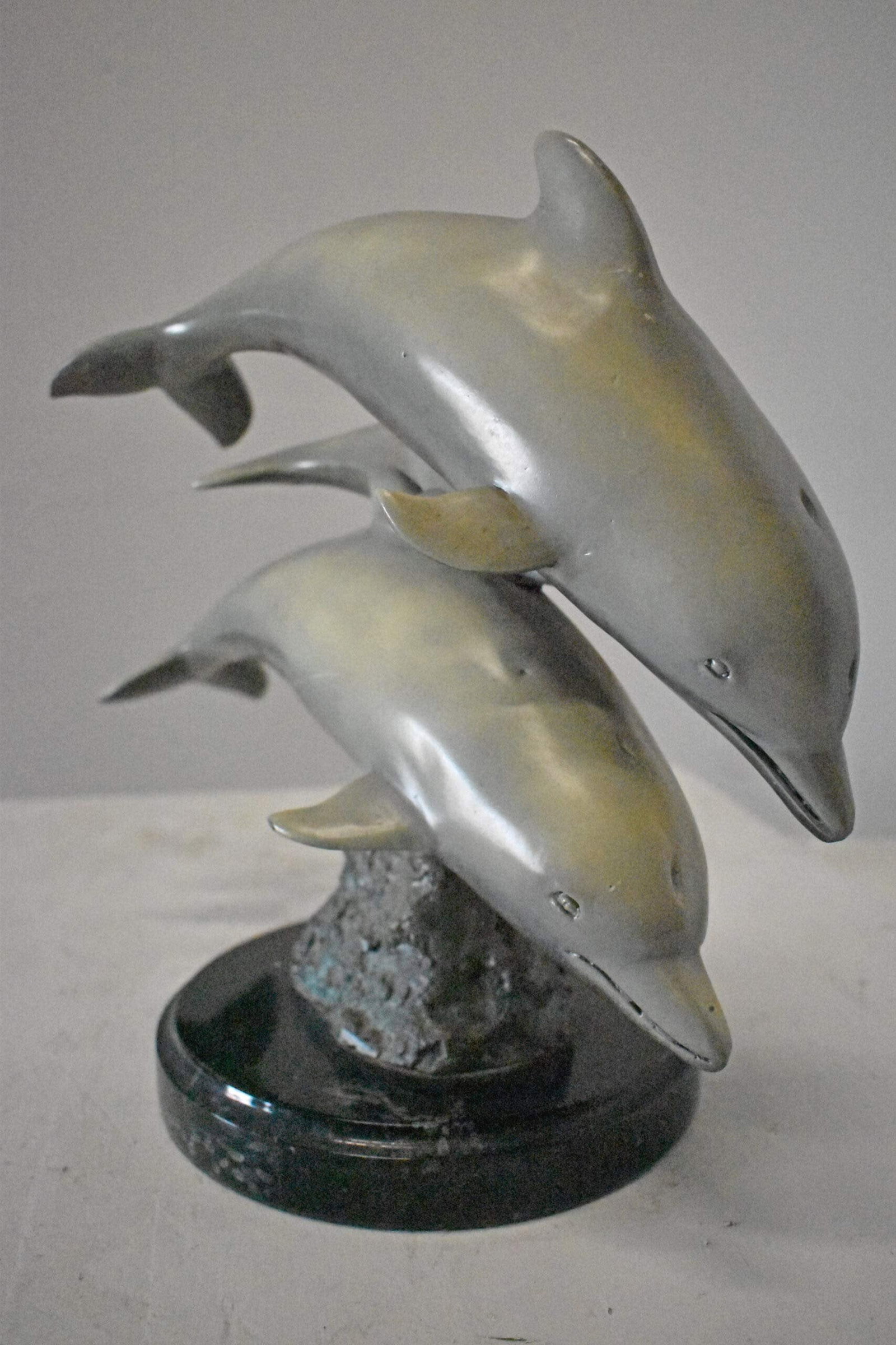 Three Grey Dolphins Swimming Bronze Statue on Marble - Size: 16"L x 9"W x 13"H. - 7