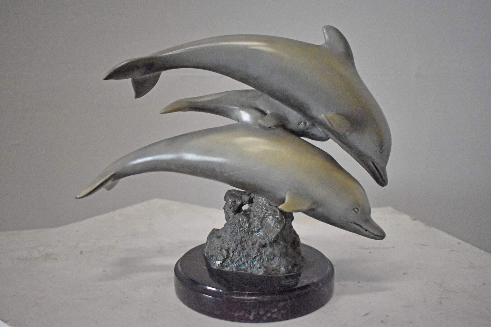 Three Grey Dolphins Swimming Bronze Statue on Marble - Size: 16"L x 9"W x 13"H. - 8