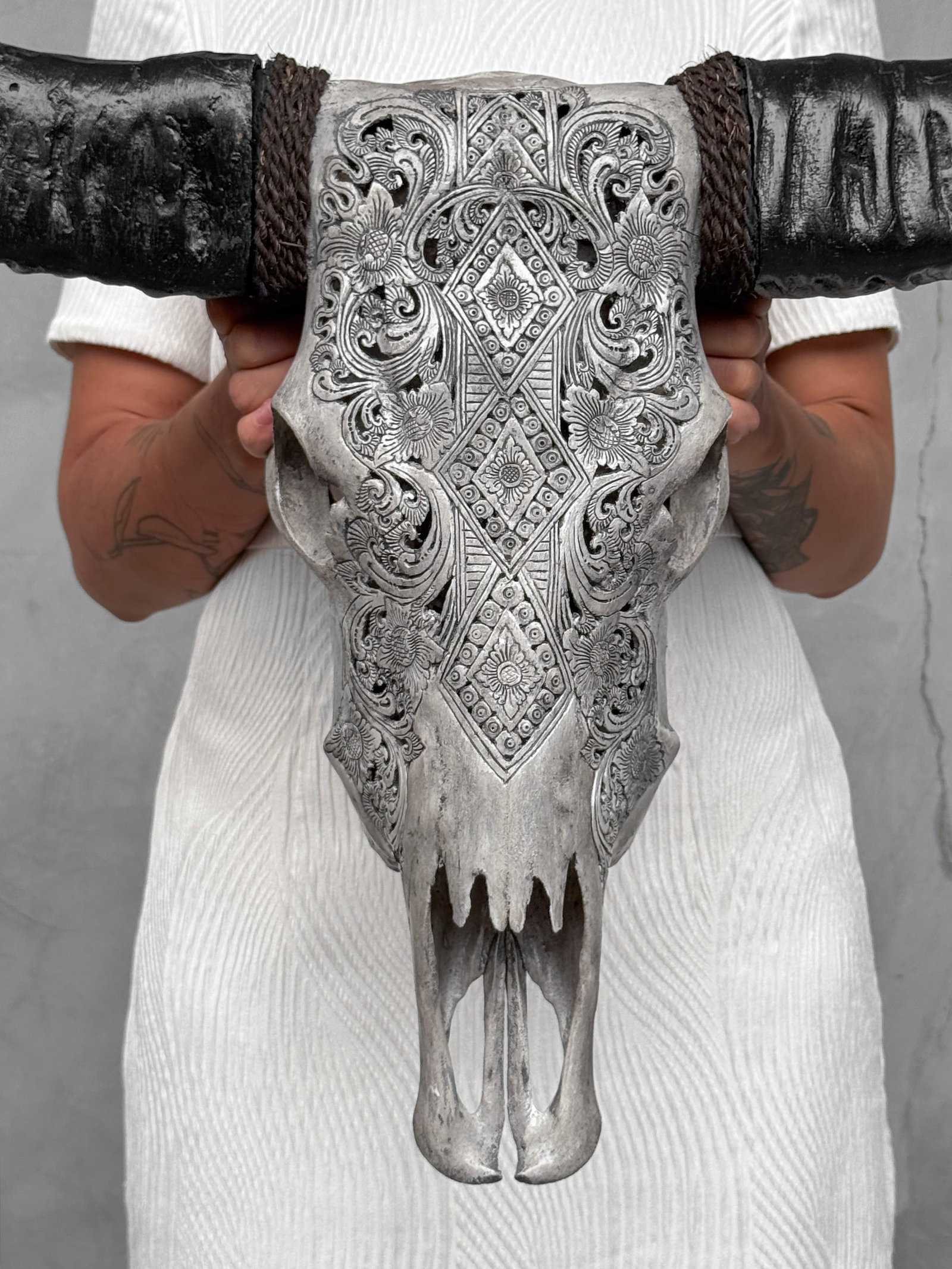 Carved grey buffalo skull - Ketupat motif - 2