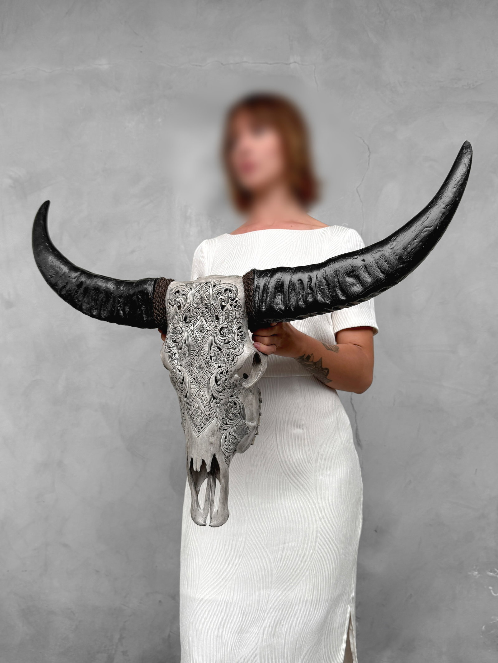 Carved grey buffalo skull - Ketupat motif - 3
