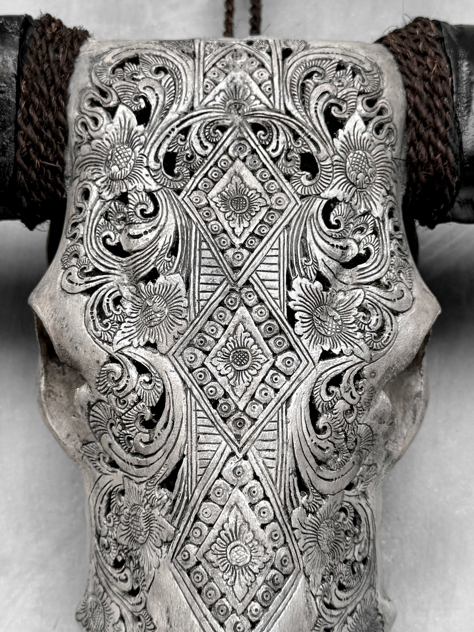 Carved grey buffalo skull - Ketupat motif - 4