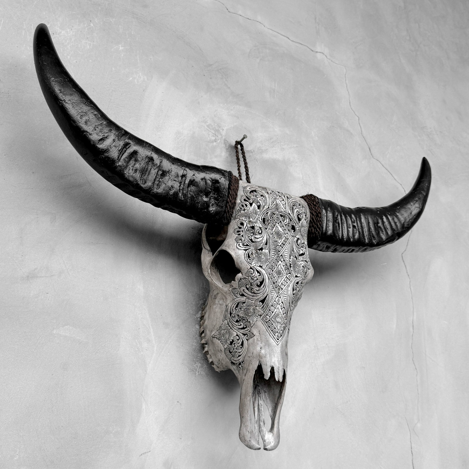 Carved grey buffalo skull - Ketupat motif - 6