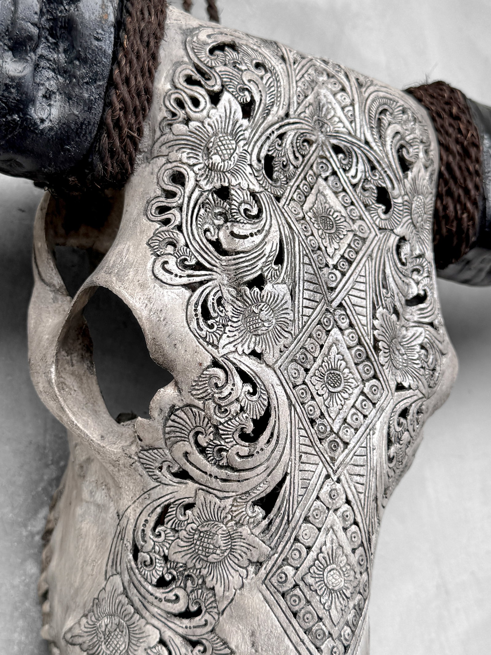 Carved grey buffalo skull - Ketupat motif - 7
