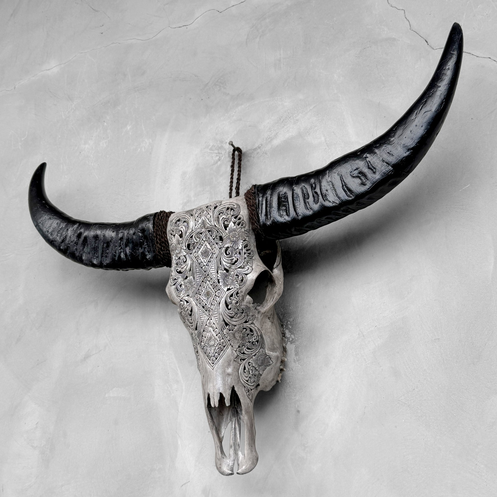 Carved grey buffalo skull - Ketupat motif - 8
