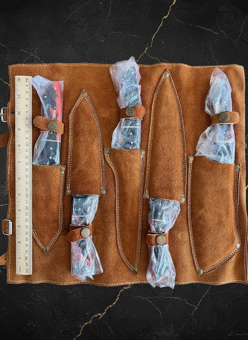 5pc Chef Knife Set Damascus Steel Hammered Blade Resin Grip Leather Roll - 3