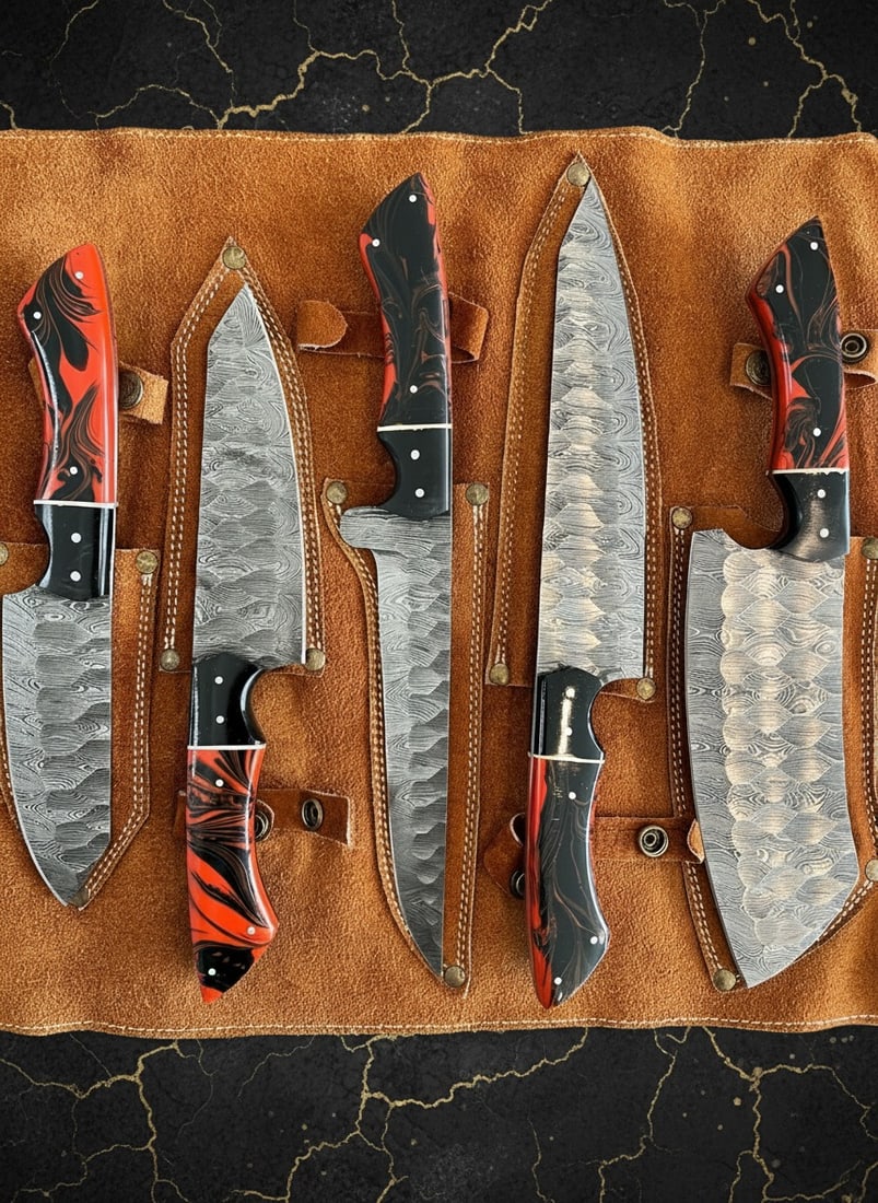 5pc Chef Knife Set Damascus Steel Hammered Blade Resin Grip Leather Roll - 4
