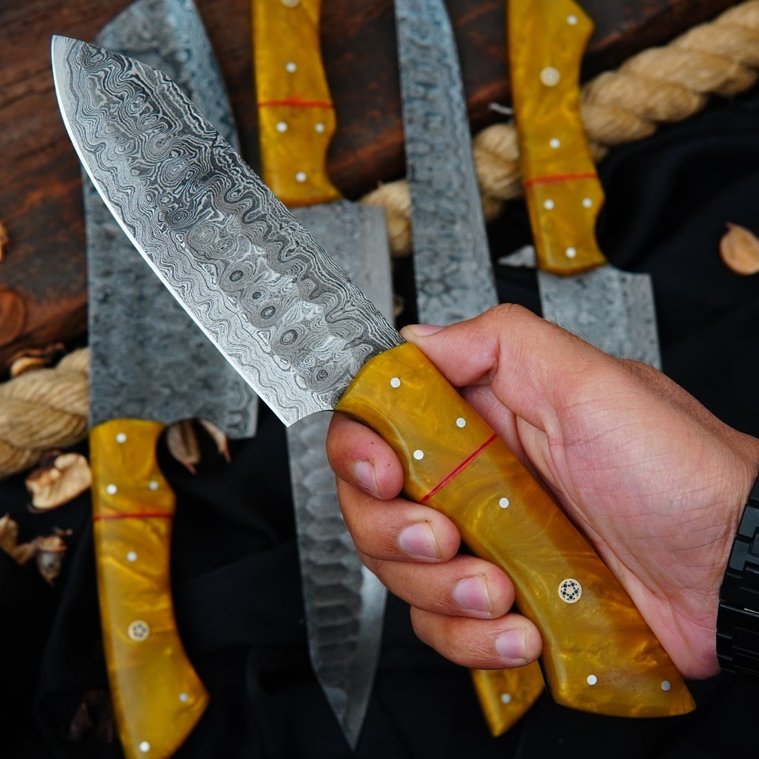 5Pc Damascus Steel Chef Knife Set Hammered Raindrop Blade With Leather Roll - 2
