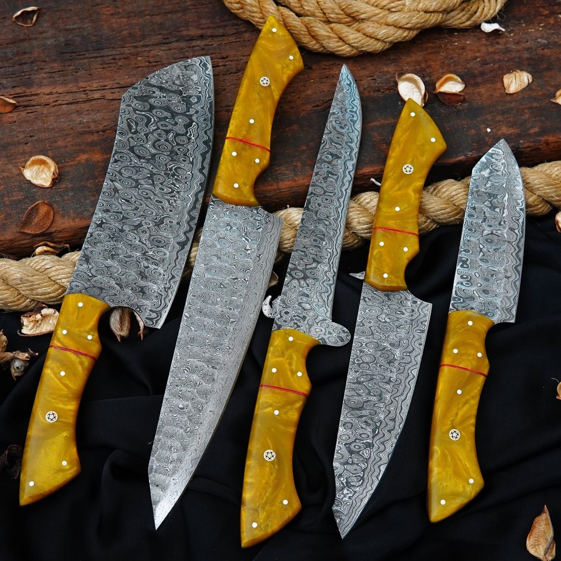 5Pc Damascus Steel Chef Knife Set Hammered Raindrop Blade With Leather Roll - 4