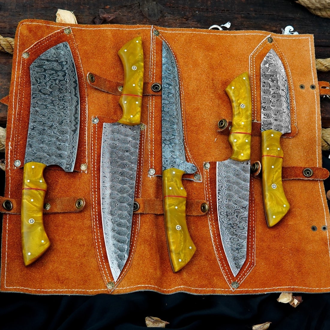5Pc Damascus Steel Chef Knife Set Hammered Raindrop Blade With Leather Roll - 5
