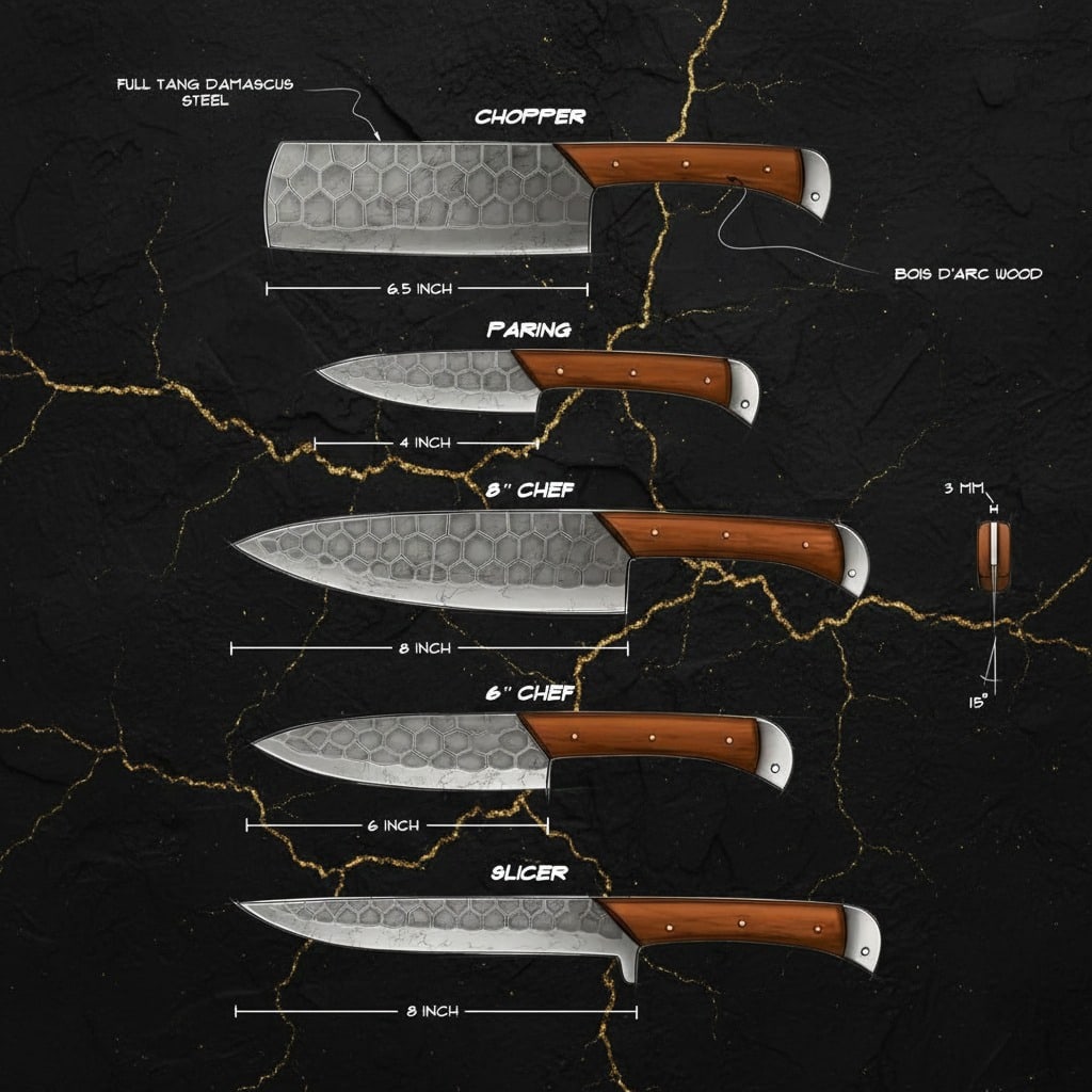 Hand-Forged Damascus Steel Kitchen Knife Set Custom Chef Cutlery 3pc - 6