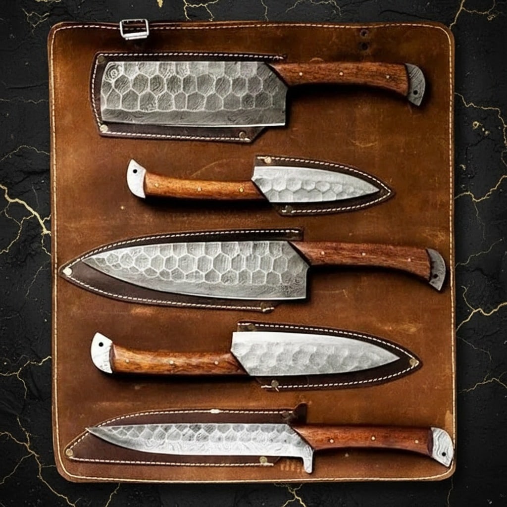 Hand-Forged Damascus Steel Kitchen Knife Set Custom Chef Cutlery 3pc - 8