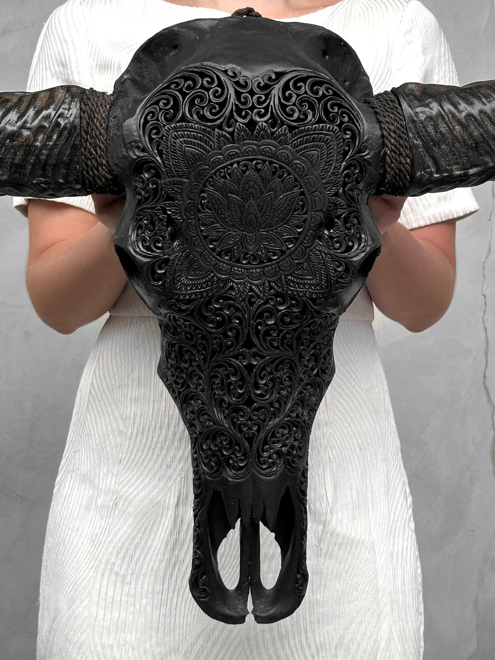 Black carved water buffalo skull - Flower mandala motif - 2