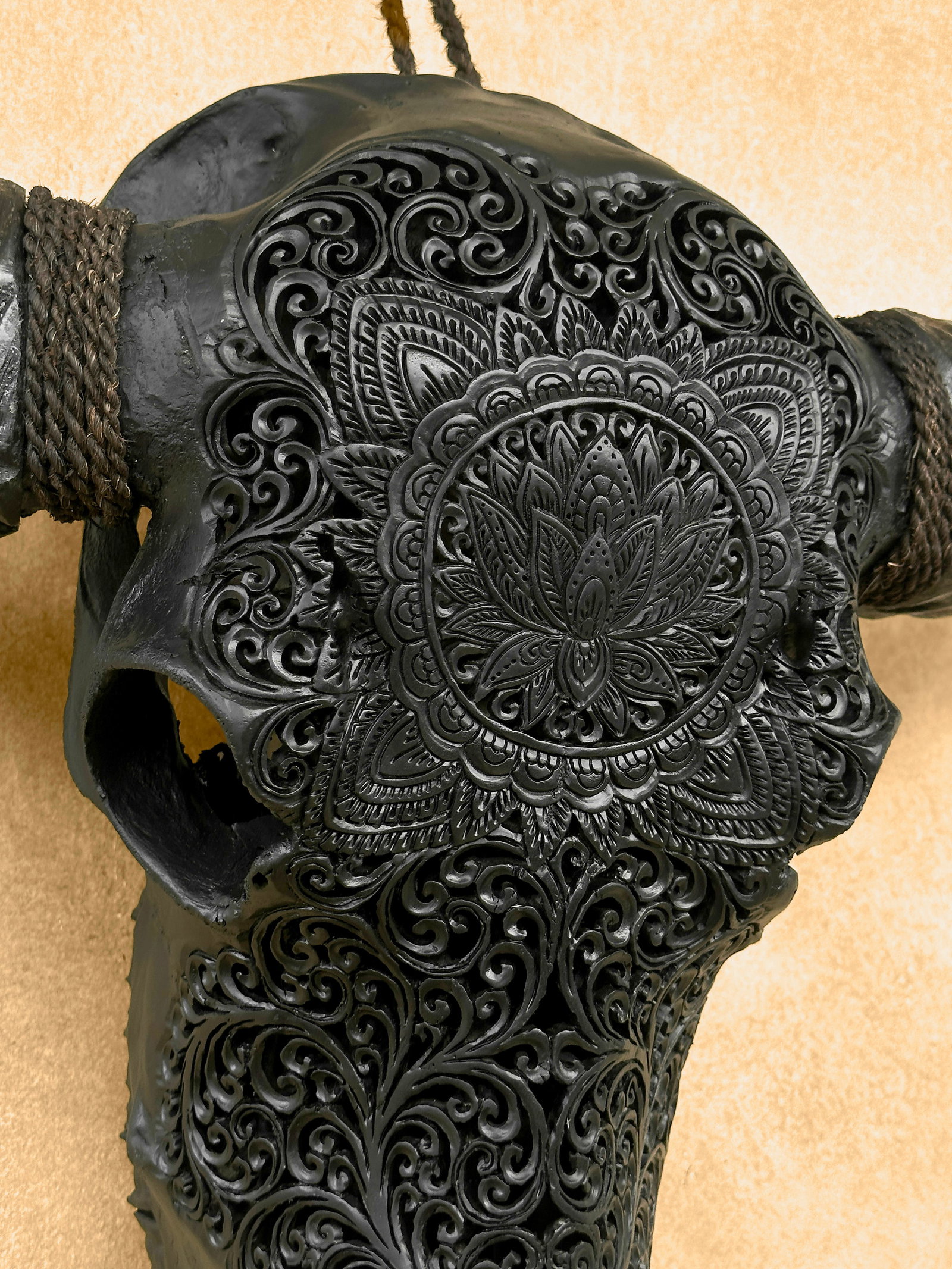 Black carved water buffalo skull - Flower mandala motif - 7