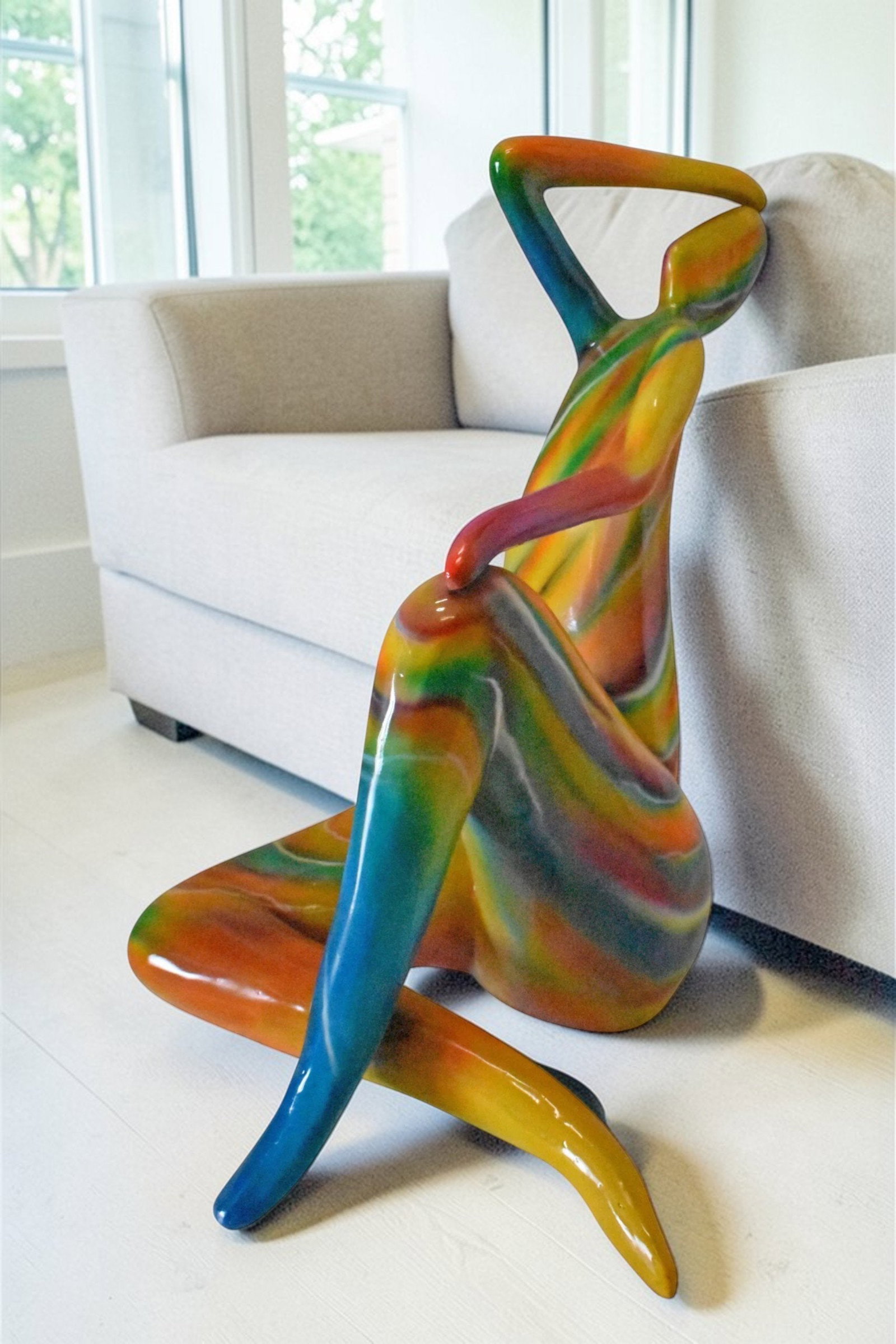 Modern Lady Touching her Head Bronze Statue - Size: 28"L x 23"W x 29"H. - 3