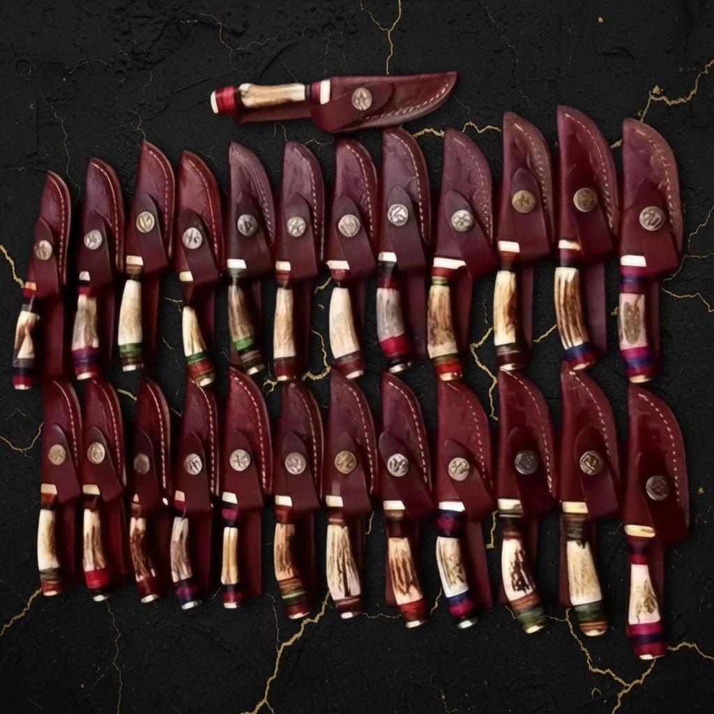 20pc Custom Handmade Damascus Steel Hunting Knife Set, Stag Horn Handle, Case - 3