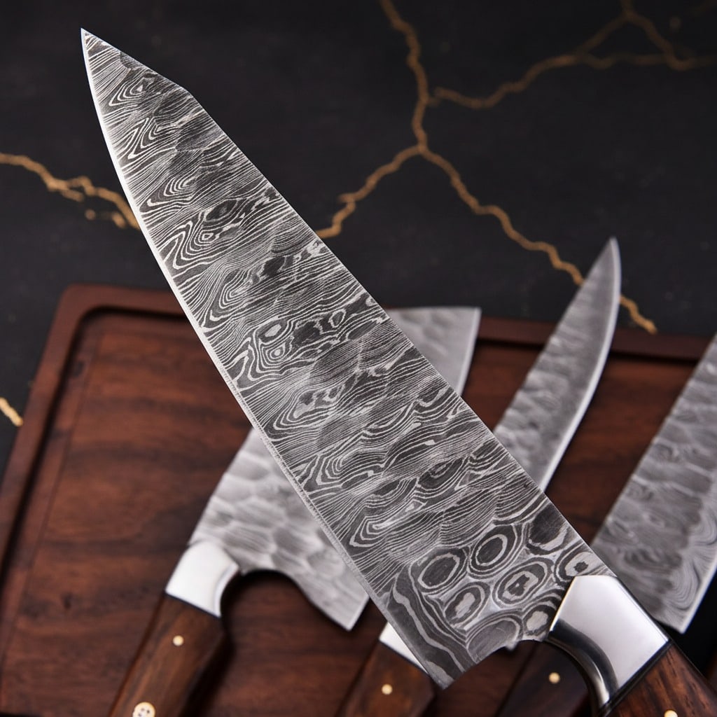 5 Pc Chef Knife Set Damascus Steel Blades Rosewood Handles Handcrafted - 3