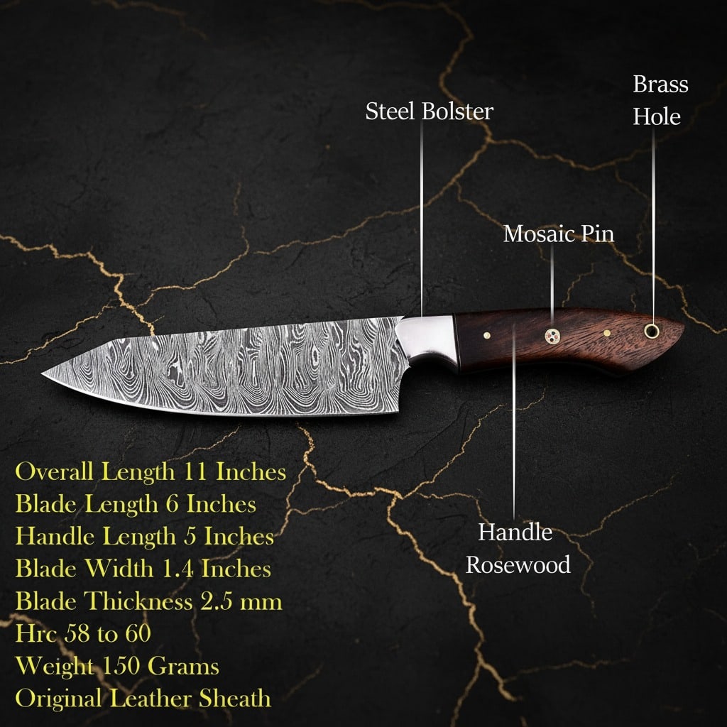5 Pc Chef Knife Set Damascus Steel Blades Rosewood Handles Handcrafted - 6