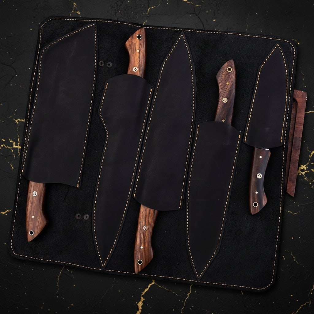 5 Pc Chef Knife Set Damascus Steel Blades Rosewood Handles Handcrafted - 8