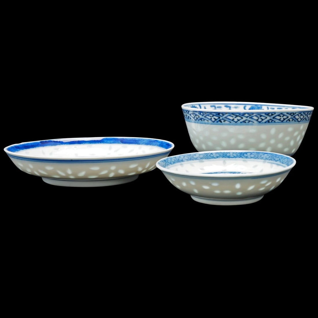 Three Chinese Rice Pattern Dishes Circa 1900 - 2