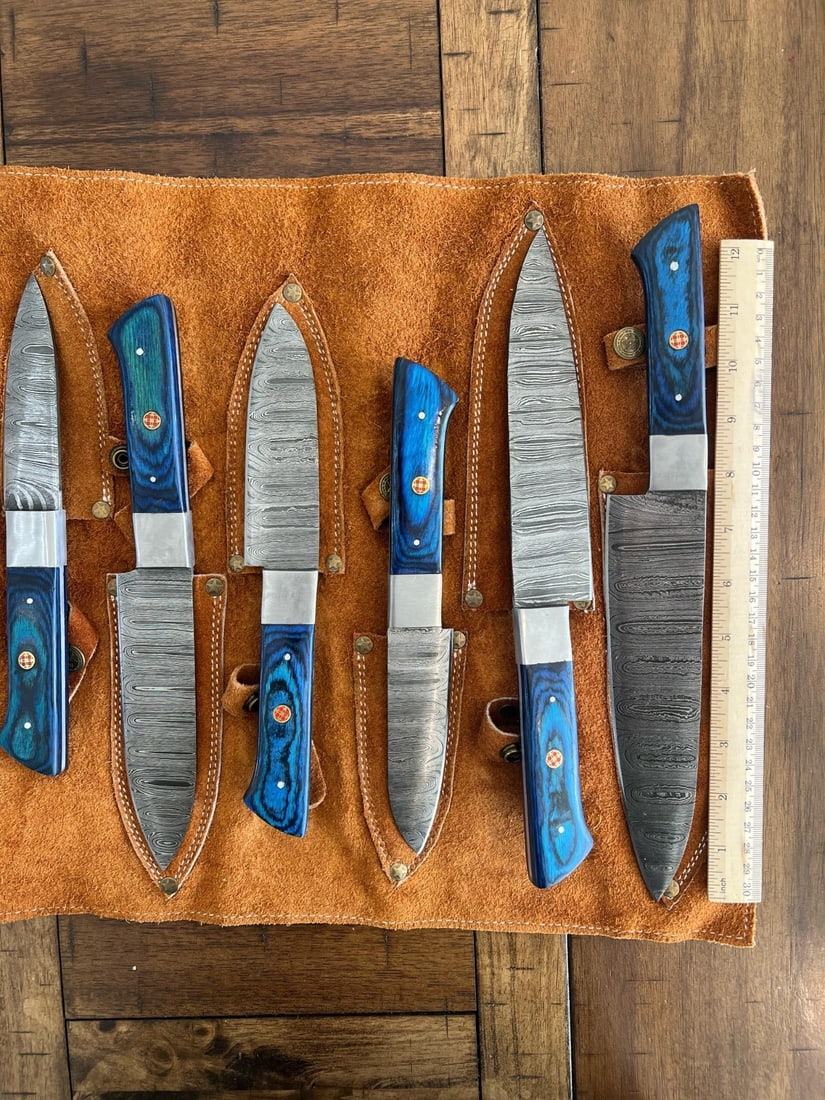6pc Damascus Steel Chef Knife Set Hammered Blades Wood Handle Leather Roll - 2