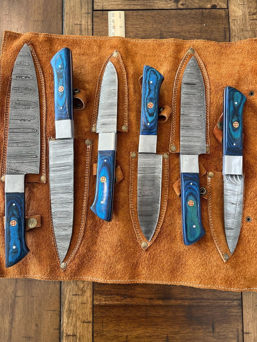 6pc Damascus Steel Chef Knife Set Hammered Blades Wood Handle Leather Roll - 3