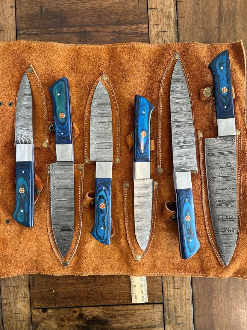6pc Damascus Steel Chef Knife Set Hammered Blades Wood Handle Leather Roll - 5