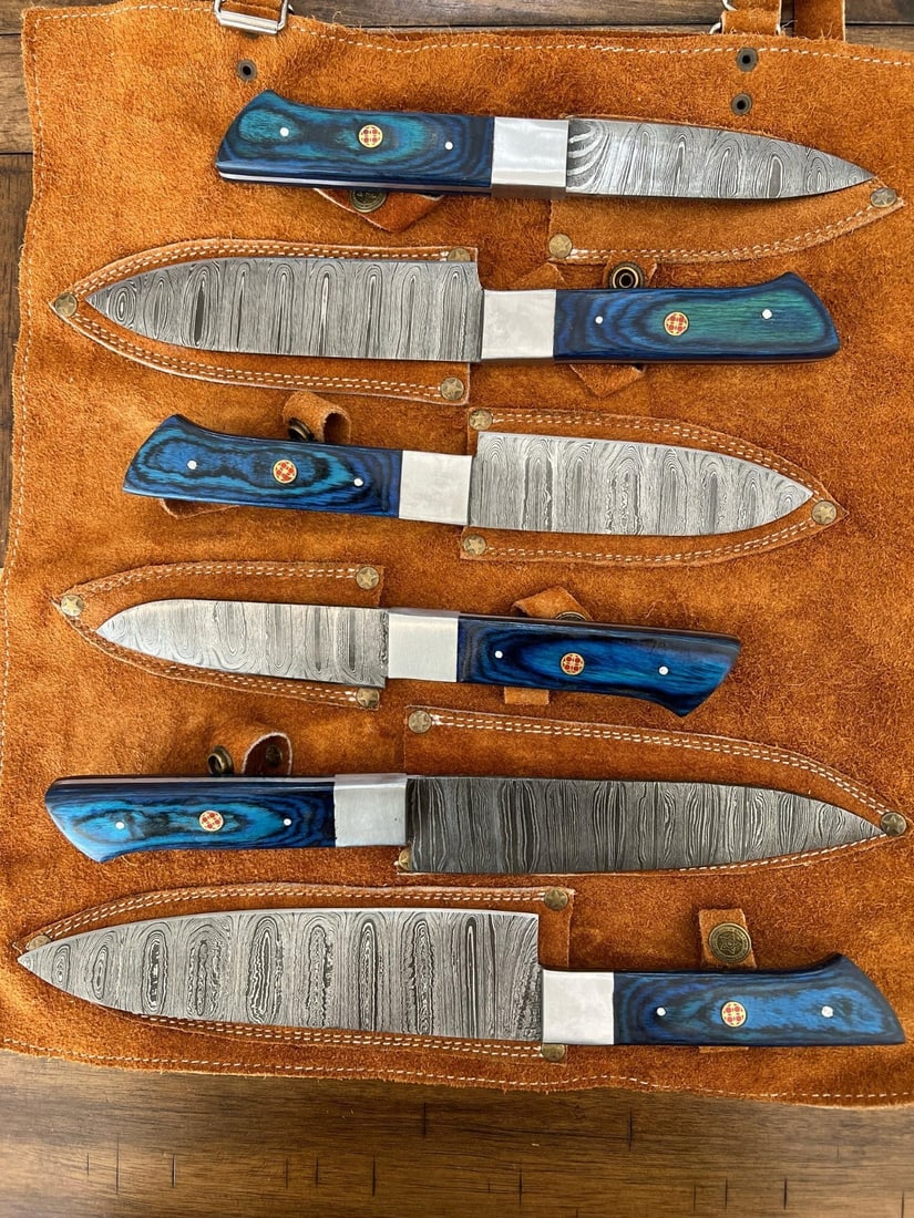 6pc Damascus Steel Chef Knife Set Hammered Blades Wood Handle Leather Roll - 6