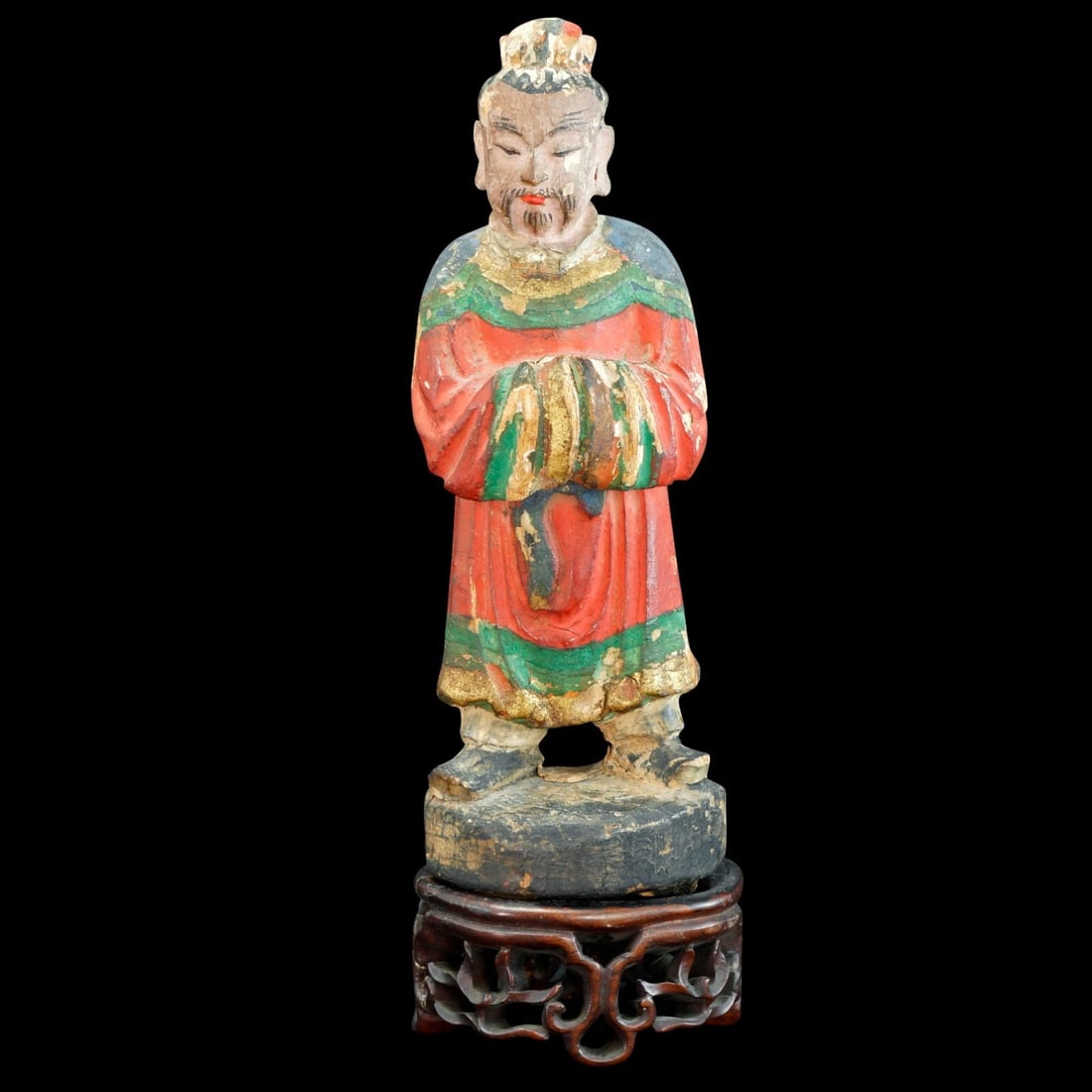 Chinese Carved Wood Altar God Poss. Ming: Title:Chinese Carved Wood Altar God Poss. Ming Size:2 ¾ in (7.0 cm) wide x 1 7/8 in (4.8 cm) deep x 7 ½ in (19.0 cm) tall with base. Description:A hand carved, gessoed and painted altar 