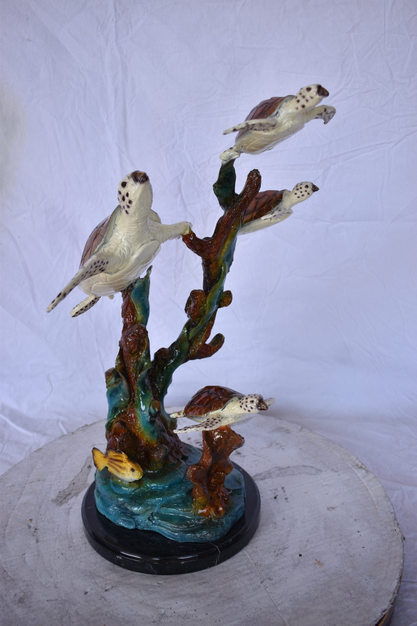 Four Turtles with Fish Bronze Statue on A Marble Base - Size: 16" x 12" x 22"H. - 6