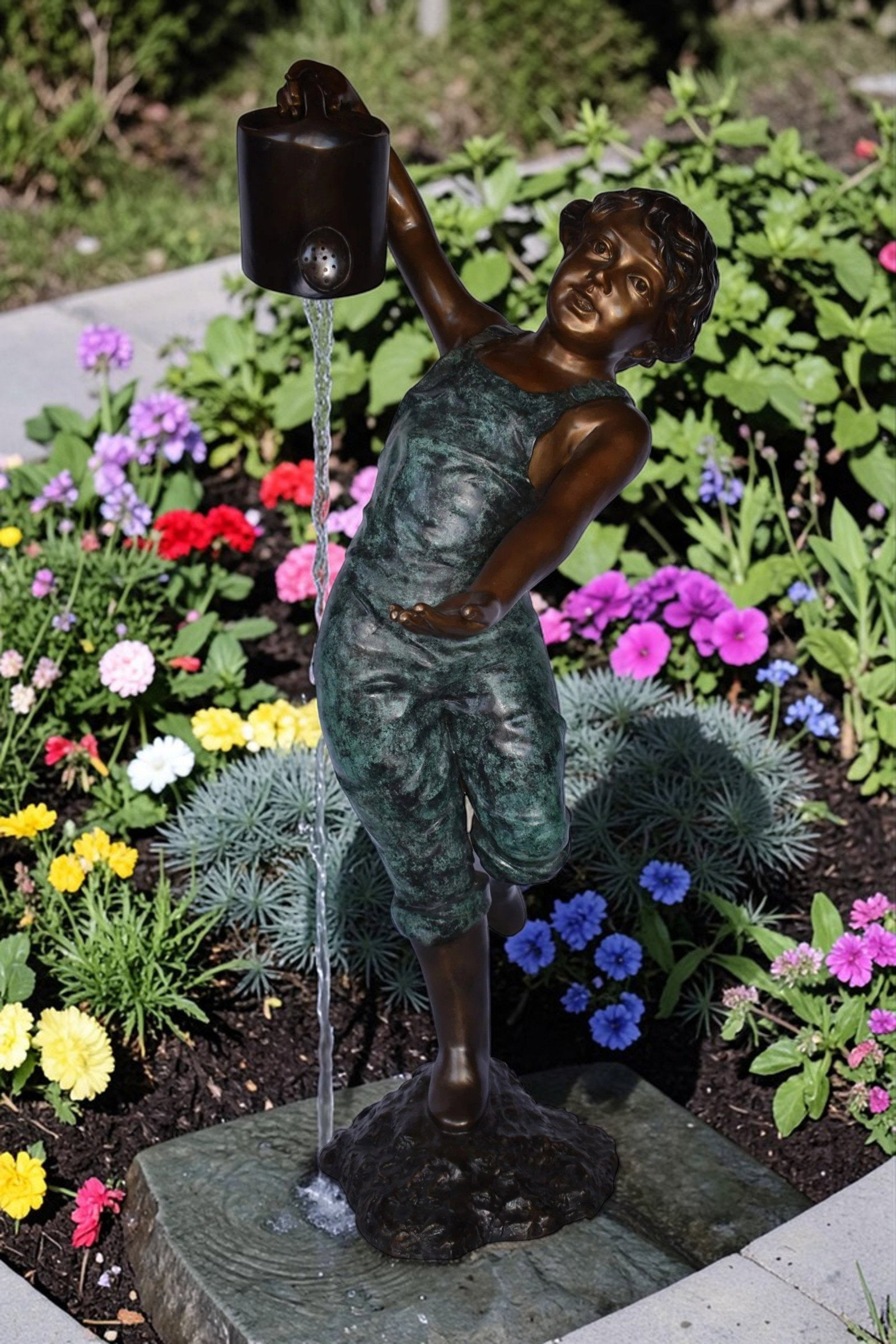 Standing Boy with Watering Can Bronze Statue Fountain - Size: 24" x 22" x 48"H. - 2