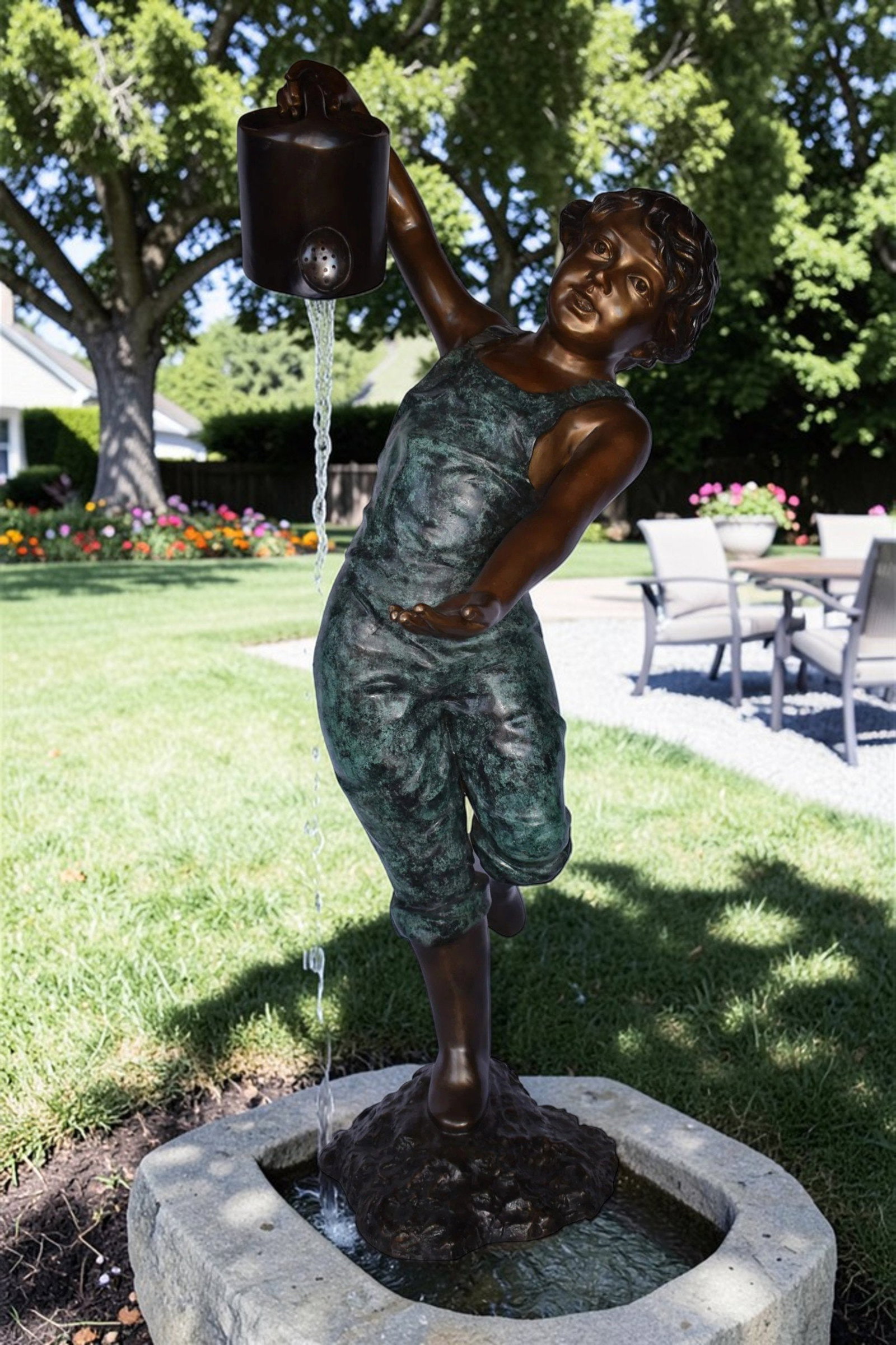Standing Boy with Watering Can Bronze Statue Fountain - Size: 24" x 22" x 48"H. - 3