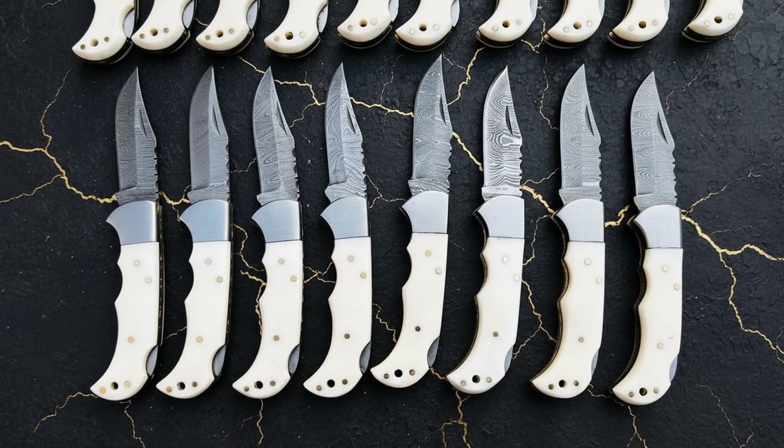 40pc Damascus Steel Folding Knife Collection Bone Handle w/ Leather Sheaths - 3