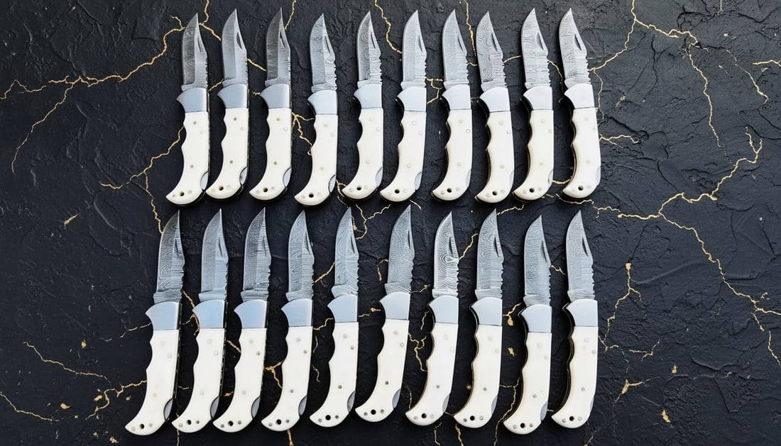 40pc Damascus Steel Folding Knife Collection Bone Handle w/ Leather Sheaths - 4