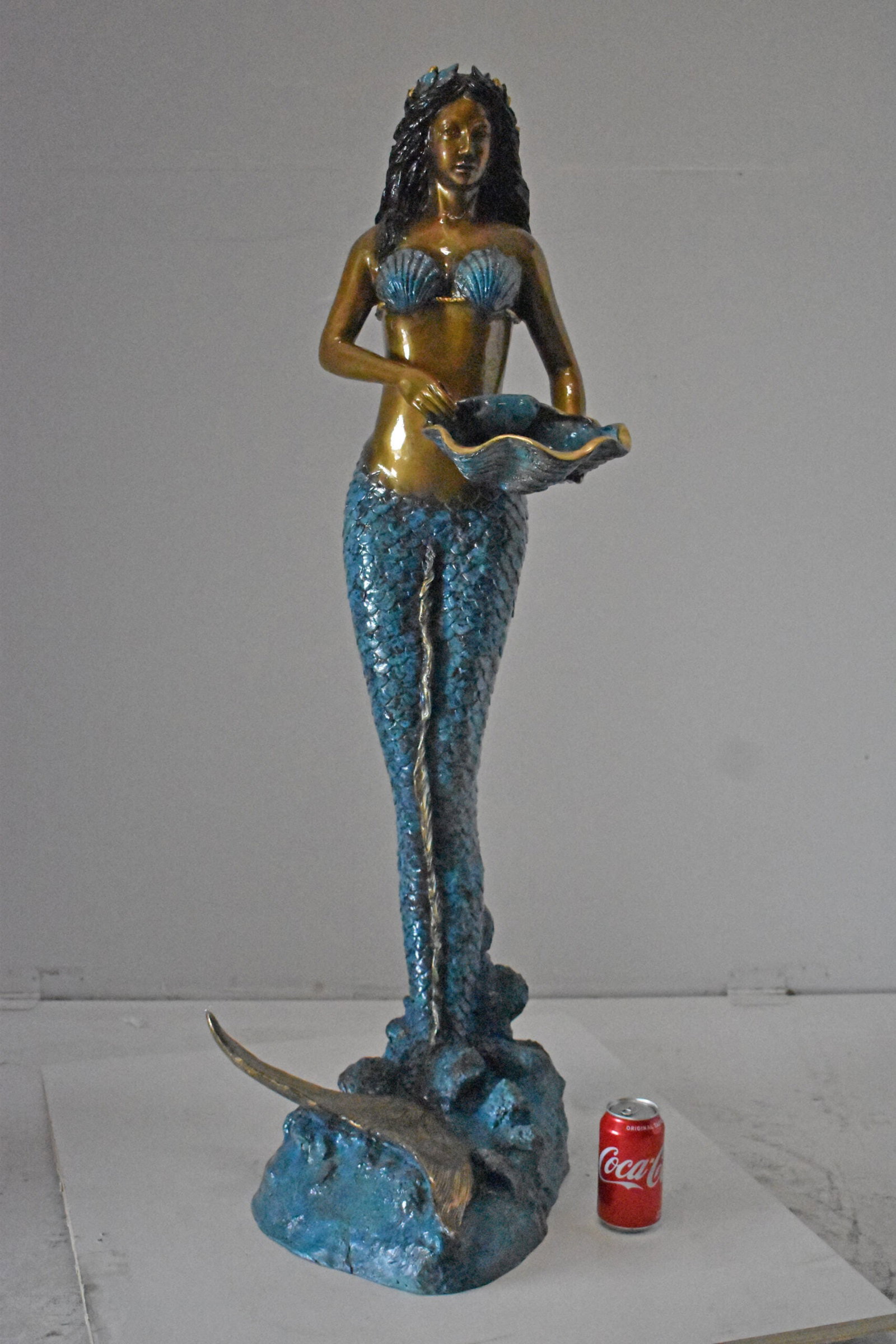 Mermaid Holding a Shell Bronze Fountain Color Finish - Size: 18" x 19" x 46"H. - 2