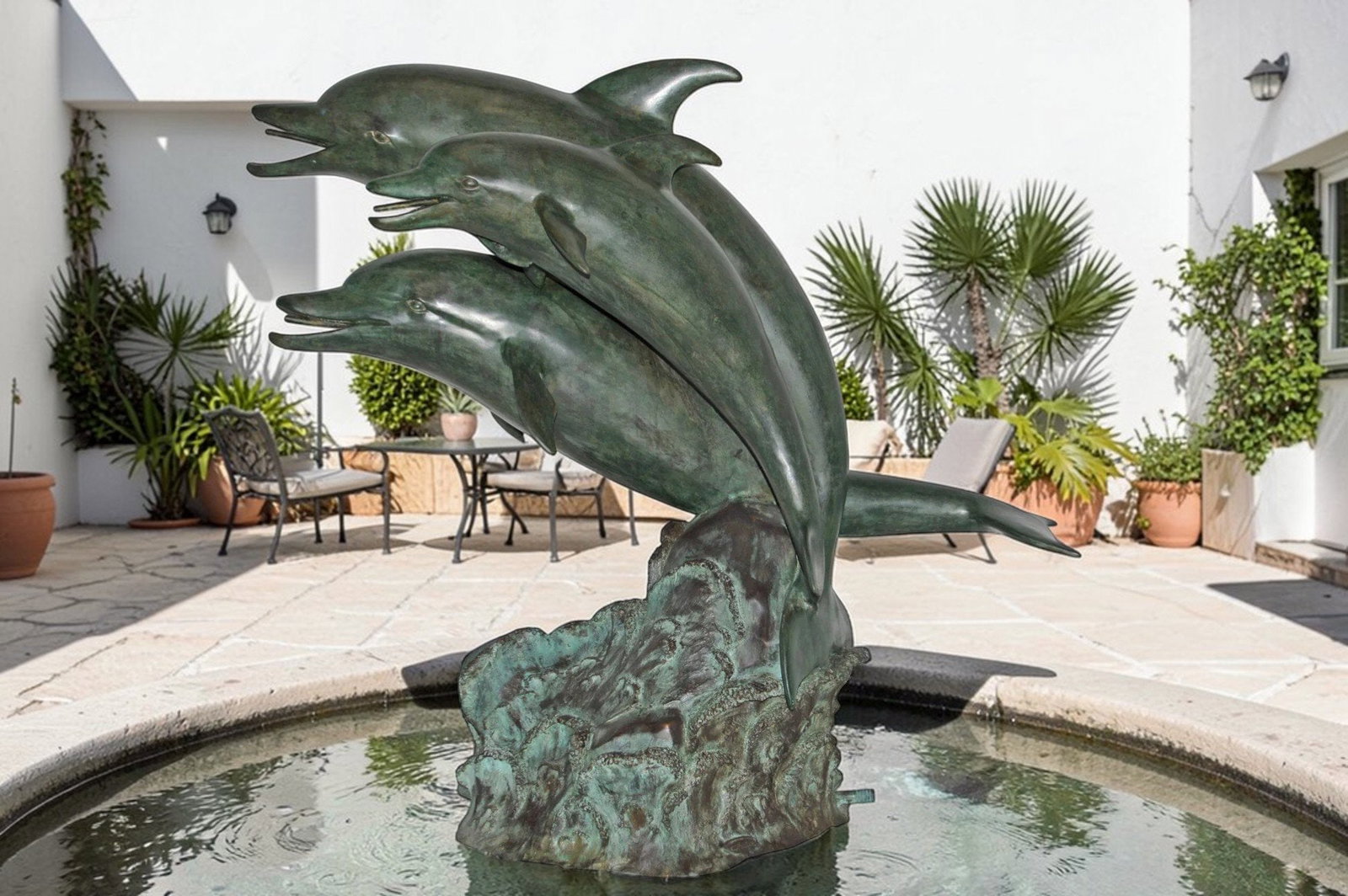 Three Dolphins Bronze Statue Fountain Green Patina Finish, Size 40" x 24" x 36"H - 2