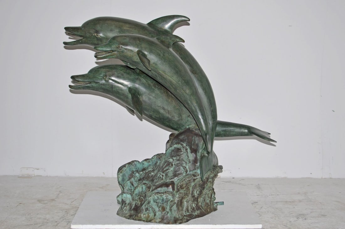 Three Dolphins Bronze Statue Fountain Green Patina Finish, Size 40" x 24" x 36"H - 3