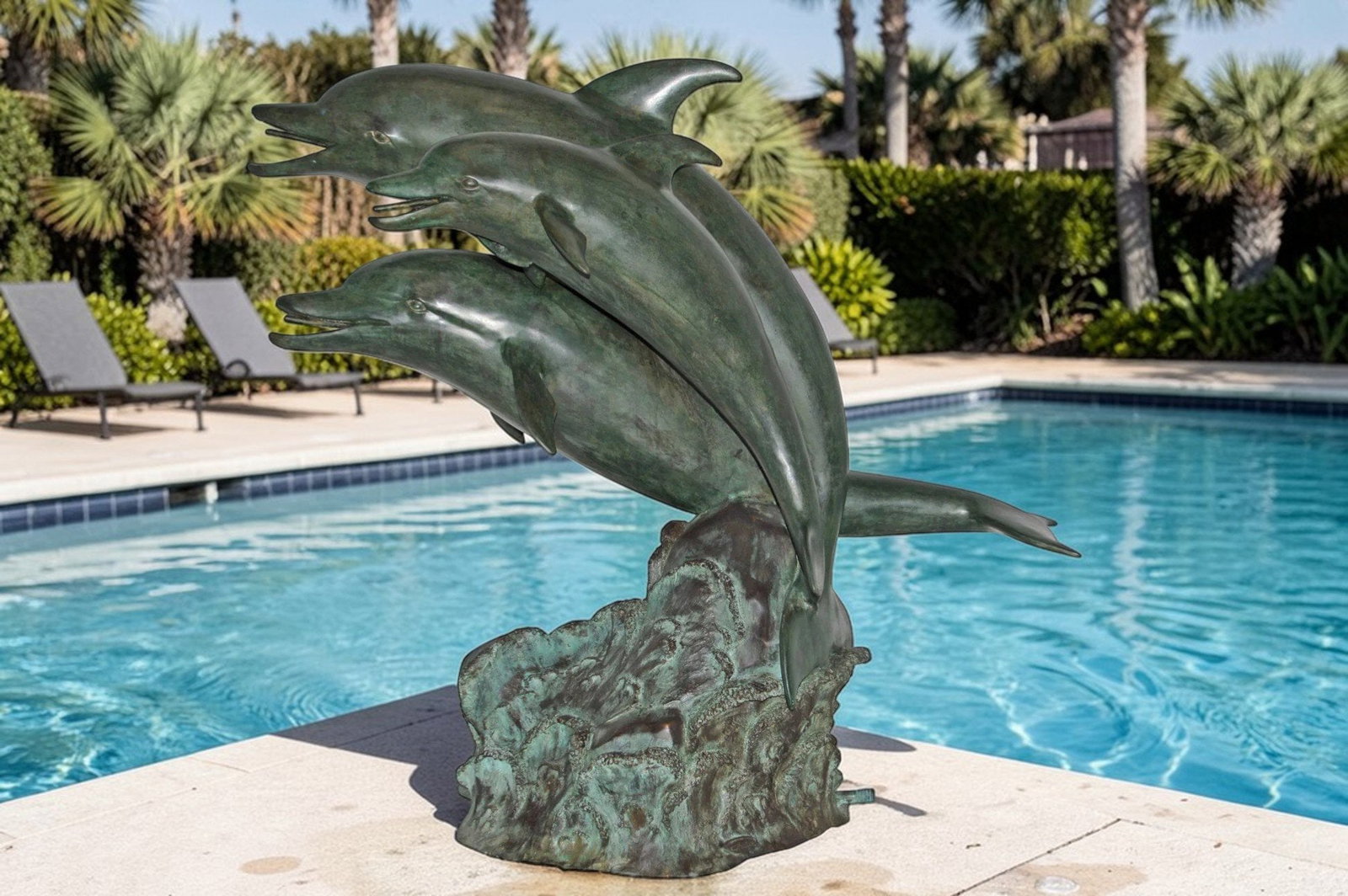 Three Dolphins Bronze Statue Fountain Green Patina Finish, Size 40" x 24" x 36"H - 4