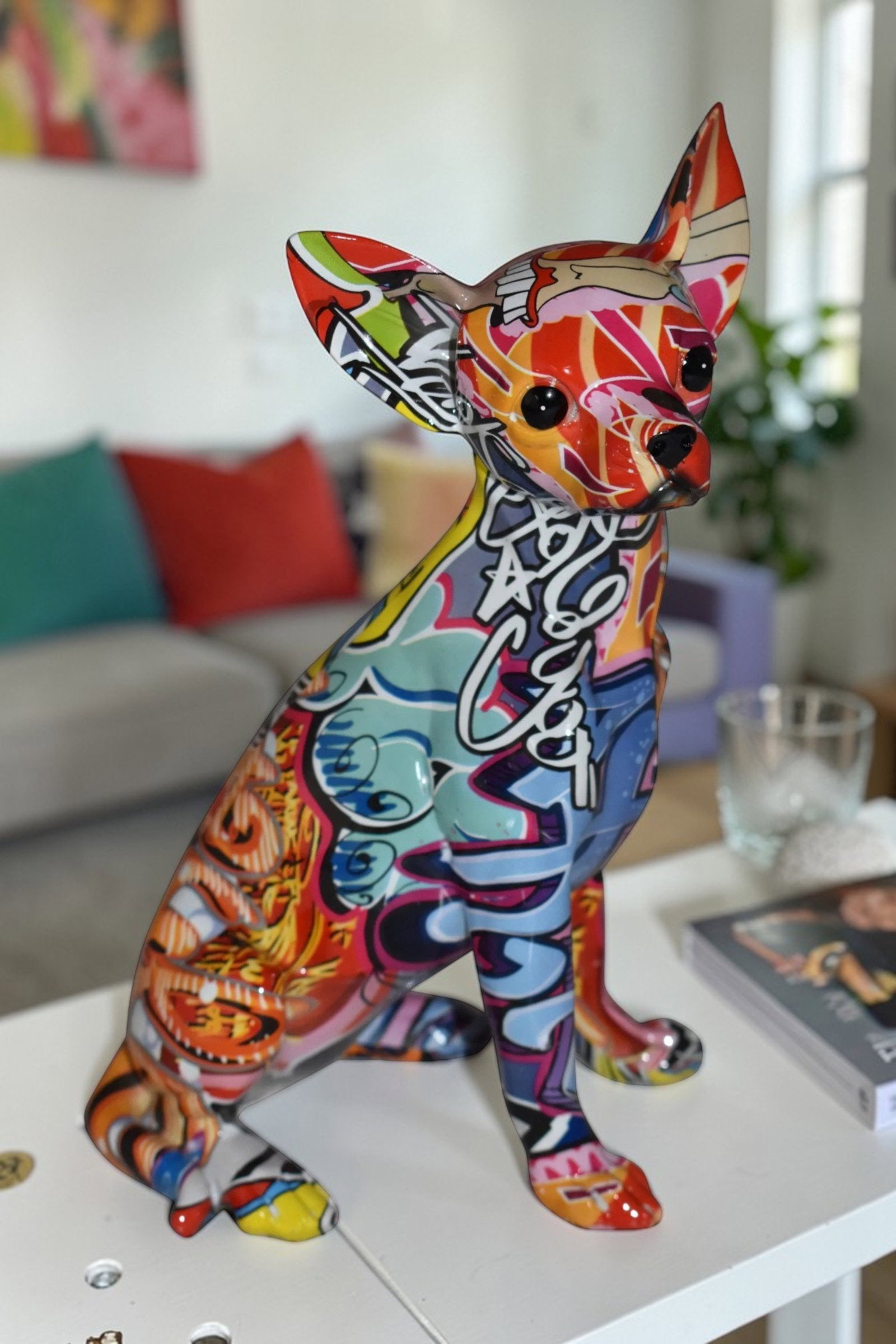 Modern Art Graffiti Sitting Chihuahua Statue Made of Resin Size: 8" x 5" x 10"H - 2