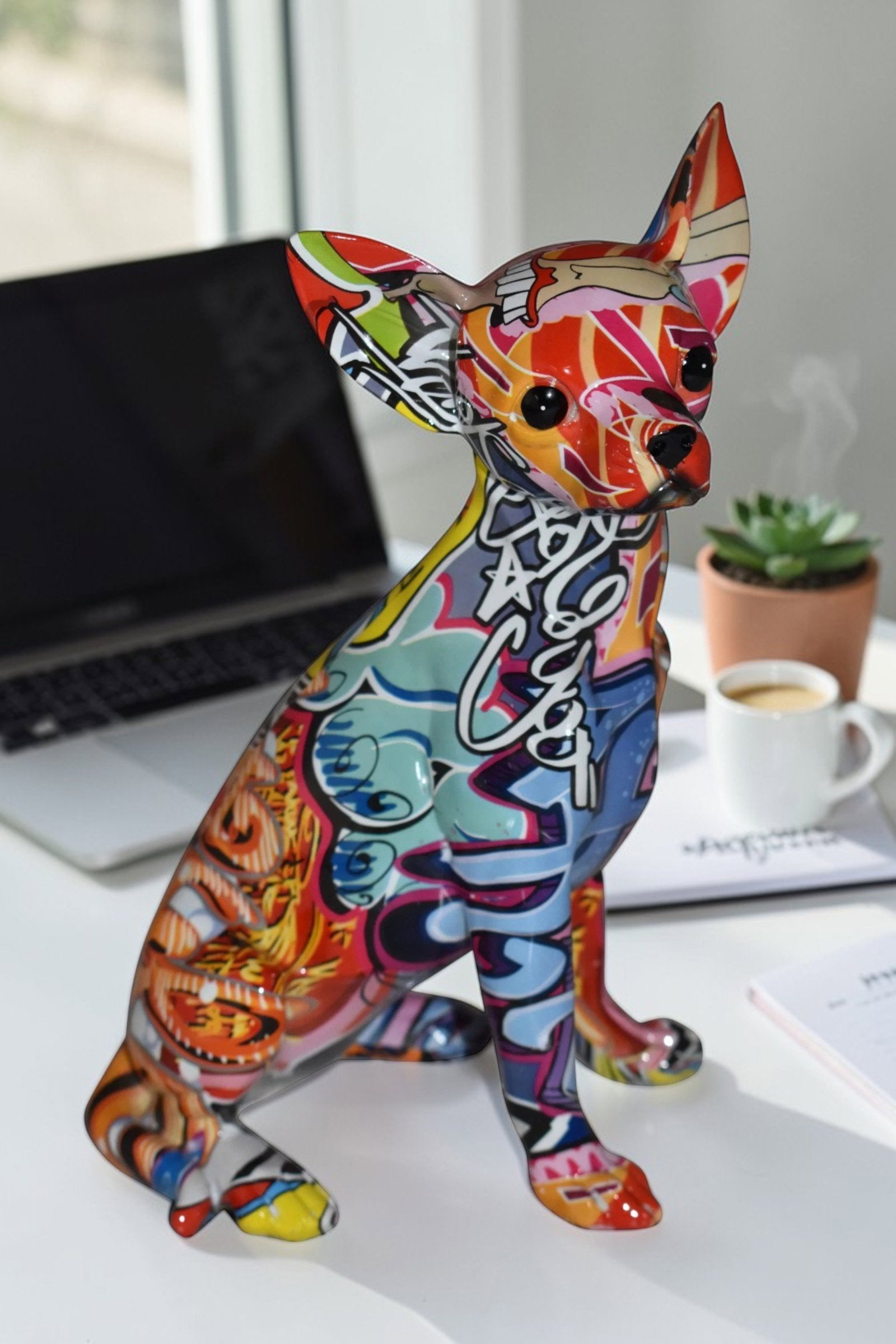 Modern Art Graffiti Sitting Chihuahua Statue Made of Resin Size: 8" x 5" x 10"H - 3