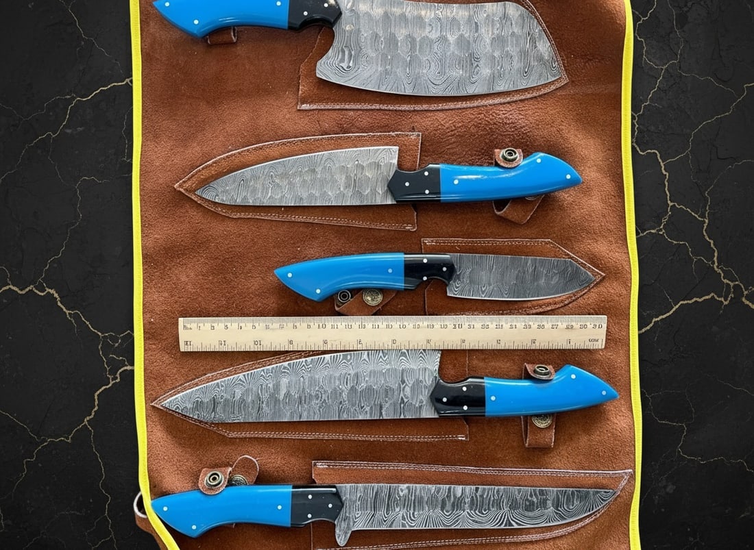 5pc Hand-Forged Damascus Chef Knife Set, Hammered Steel, Resin Handle + Roll - 7