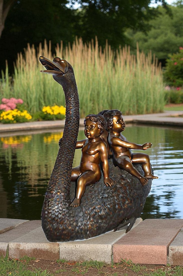 Swan Carrying Three Angels Bronze Fountain Art Nude - Size: 40"L x 23"W x 34"H. - 2