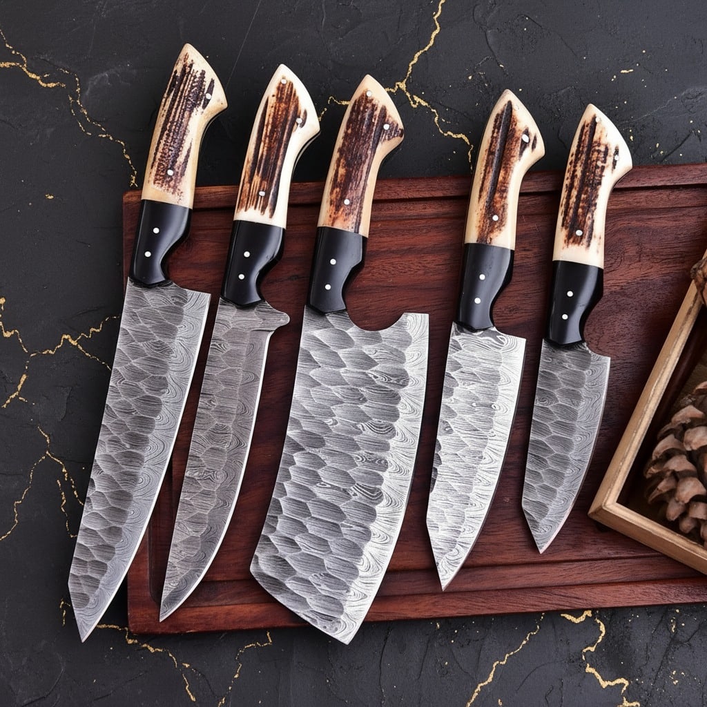 Artisan Damascus Steel Chef Knife Set, Genuine Stag Horn Handle Kitchen Gear - 2