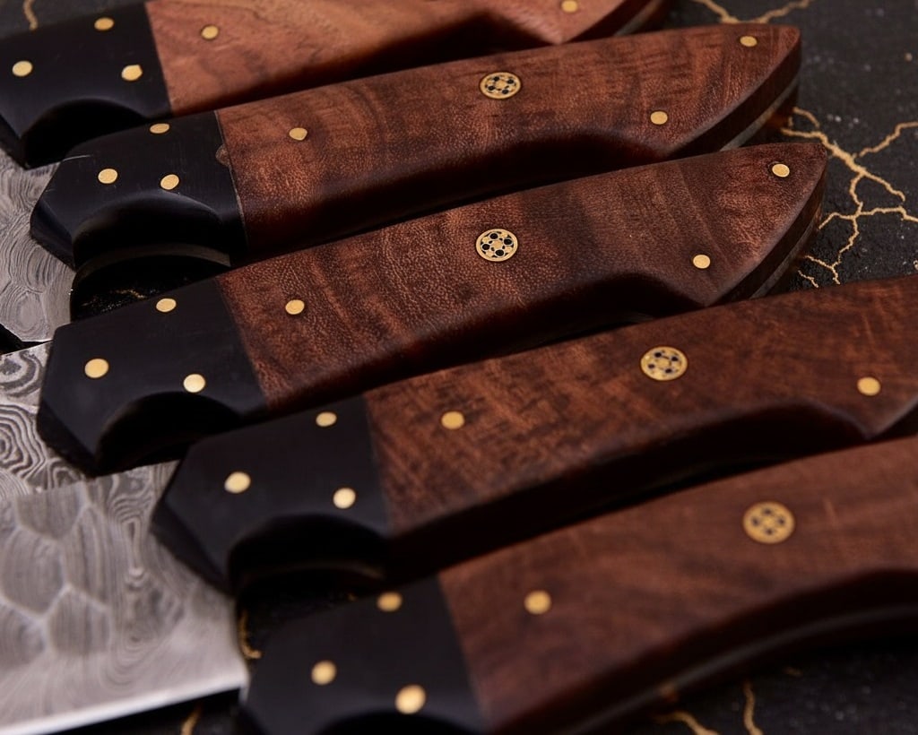 5pc Custom Hand-Forged Damascus Steel Knife Set with Leather Storage Roll - 2
